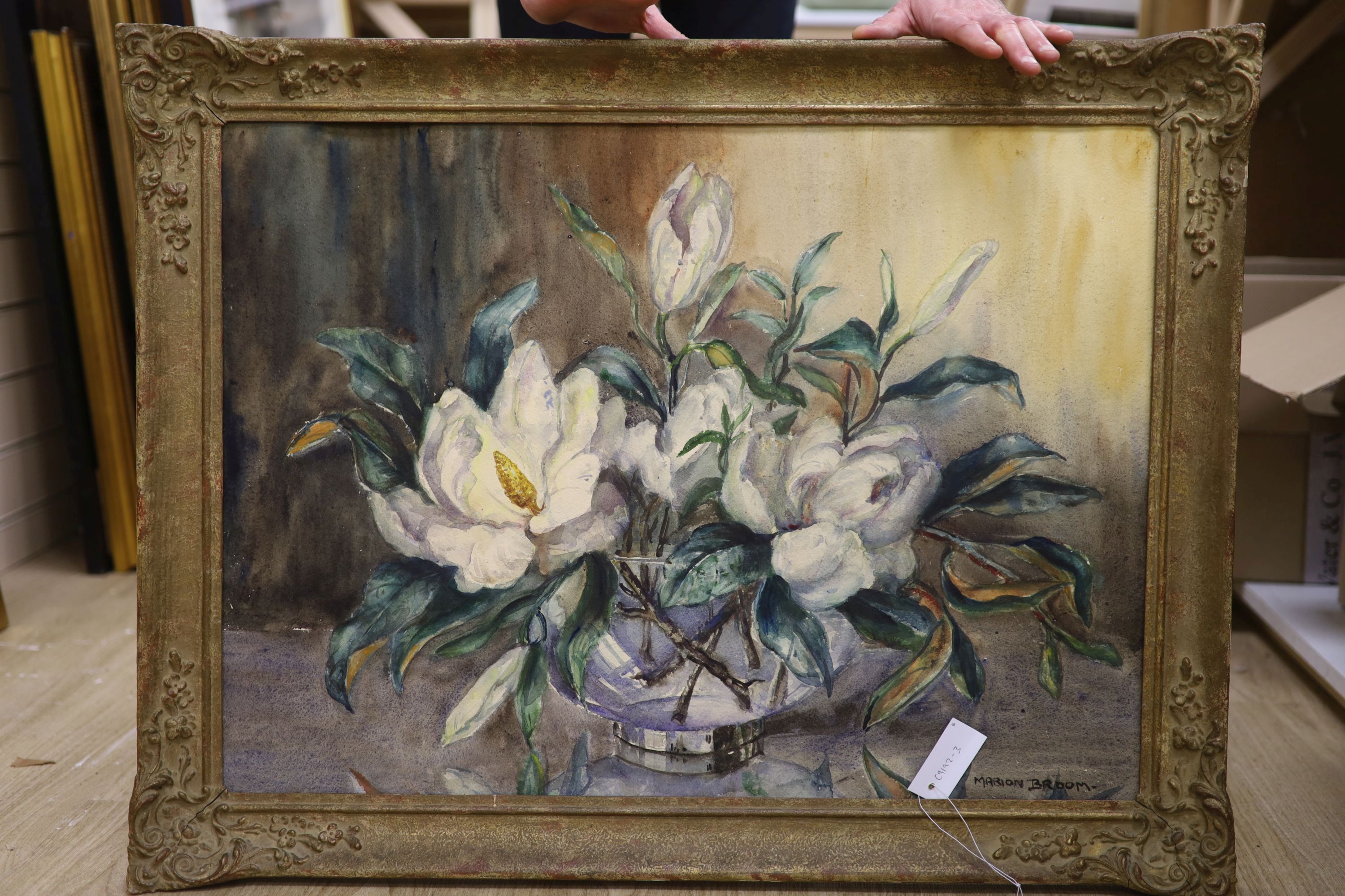 Marion Broom (1878-1962), watercolour, Still life of magnolia blooms in a glass vase, signed, 55 x 75cm